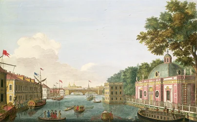 Gezicht op de Fontanka Rivier vanuit de grot en het Gastpaleis, geëtst door Grigory Anikievich Kachalov (171112-1759), 1753